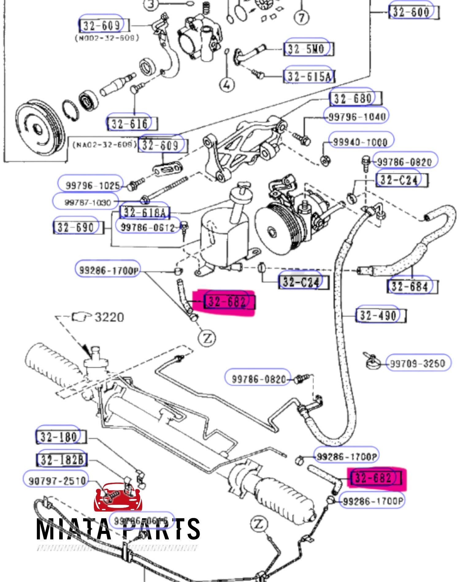 Miata Parts NZ power steering return hose lower diagram for Mazda MX5 NA highlighting part number 32-682