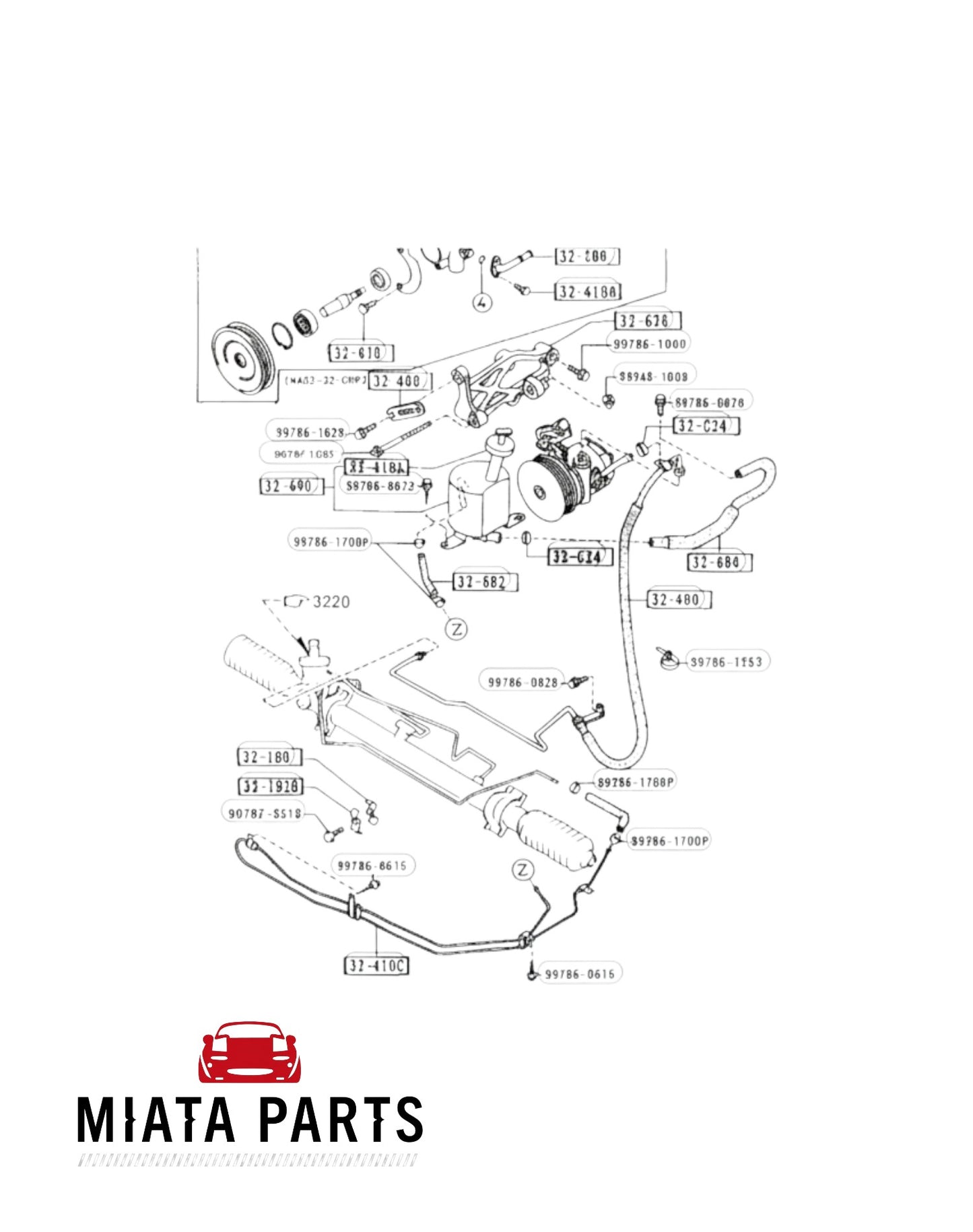 Miata Parts NZ diagram of MX5 NA power steering return hose lower, part number 32-410C, for 1989-1997 models.